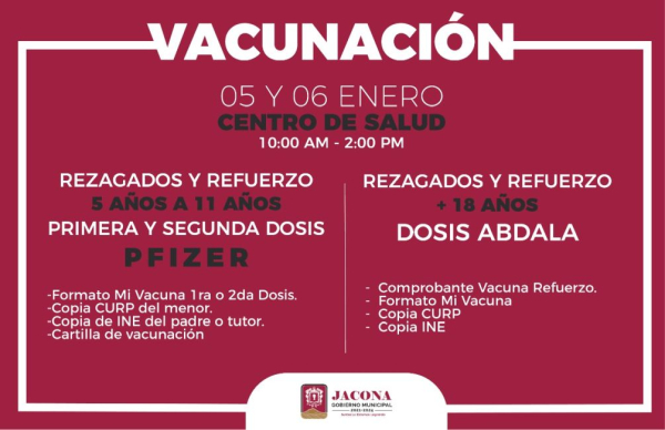 Continuará la Vacunación Contra el COVID-19 en Jacona, los días 5 Y 6 de enero en el Centro de Salud