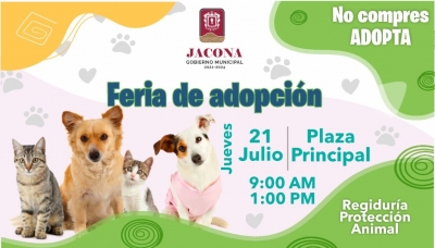 Se llevará a cabo Feria de Adopción de Caninos y Felinos en la Plaza Principal
