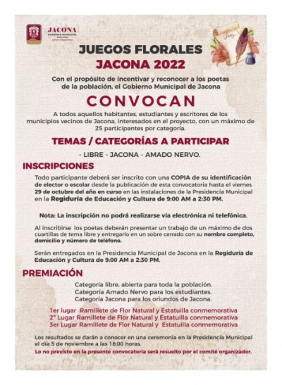 Convocatoria para los “Juegos Florales Jacona 2022”.