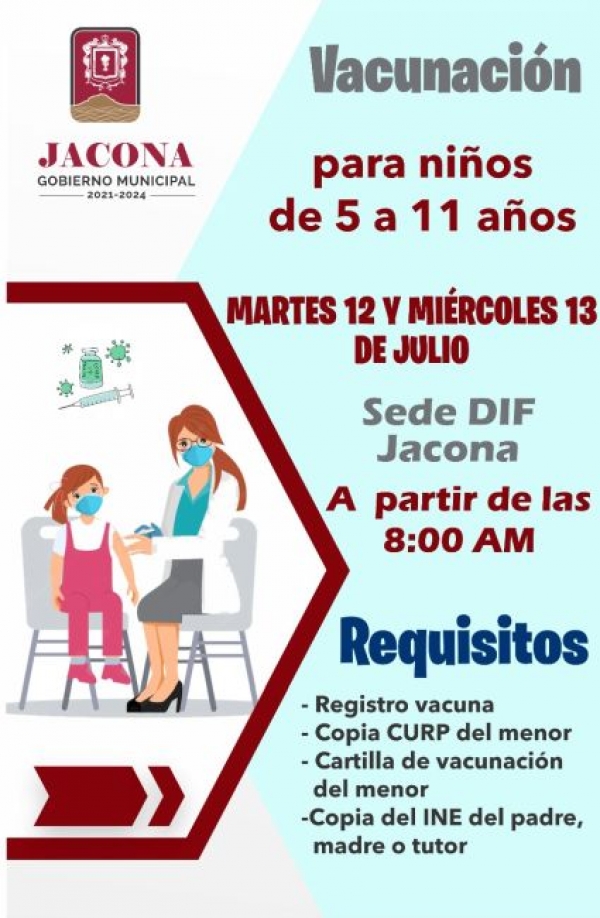 Jornada de Vacunación contra el Covid-19, para niños y niñas de 5 a 11 años.