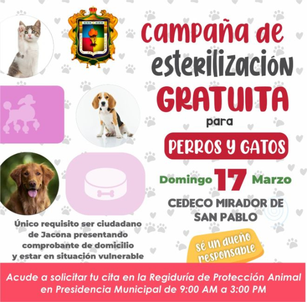 Campaña de esterilización gratuita para perros y gatos, Domingo 17 de Marzo, 2024