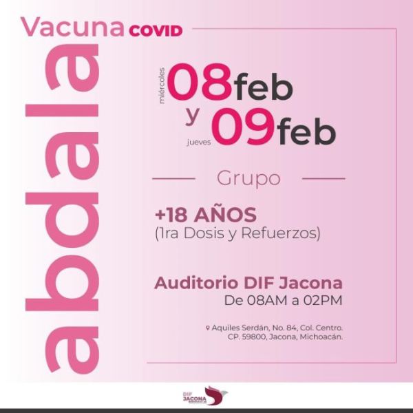 Sigue vacunación contra COVID-19 los días 08 y 09 febrero en el DIF Jacona