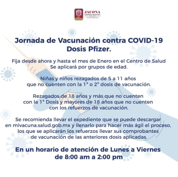 Nueva Jornada de Vacunación contra COVID-19 en la que se aplicará la Dosis Pfizer.