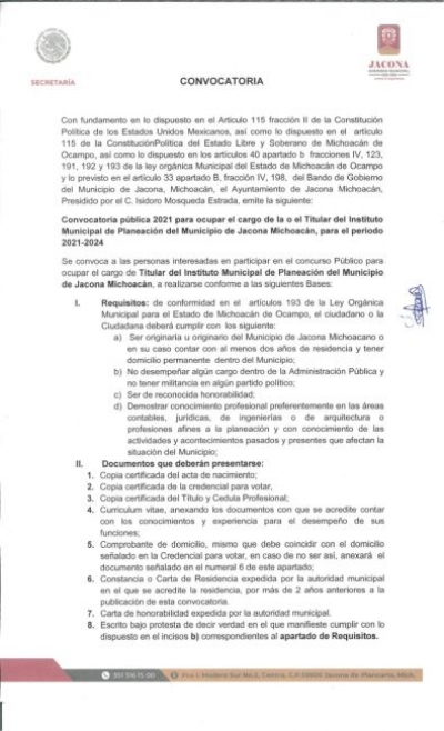 Convocatoria pública 2021 para ocupar el cargo de la o el Titular del Instituto Municipal de Planeación del Municipio de Jacona Michoacán