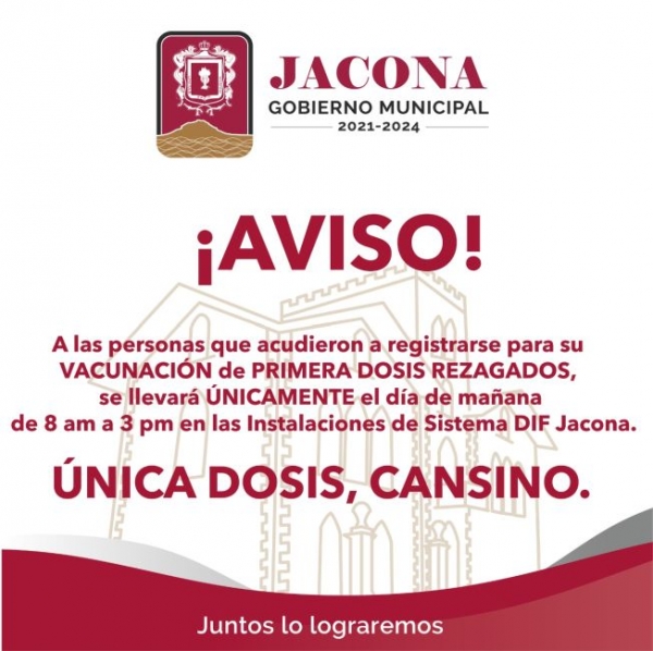 Mañana jueves 18 de noviembre  dará inicio la jornada única de aplicación de la vacuna Cansino a todos los ciudadanos del municipio